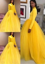 Unique Yellow High Collar Floor-length Ball Gown Evening Dresses