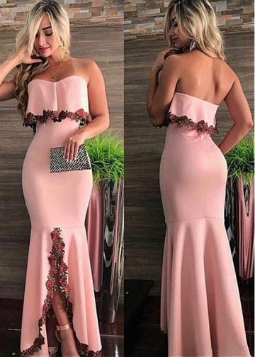 Modest Pink Sweetheart Neckline Floor-length Mermaid Evening Dresses With Appliques