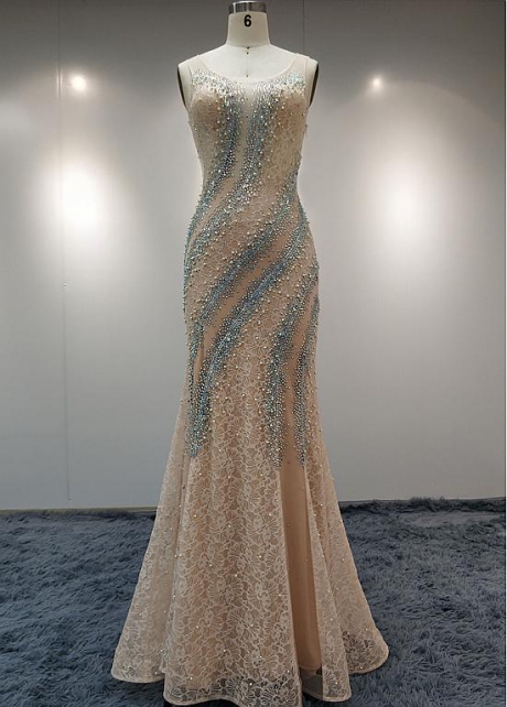 Wonderful Lace & Tulle Scoop Neckline Floor-length Mermaid Evening Dresses With Rhinestones & Imitation Pearls