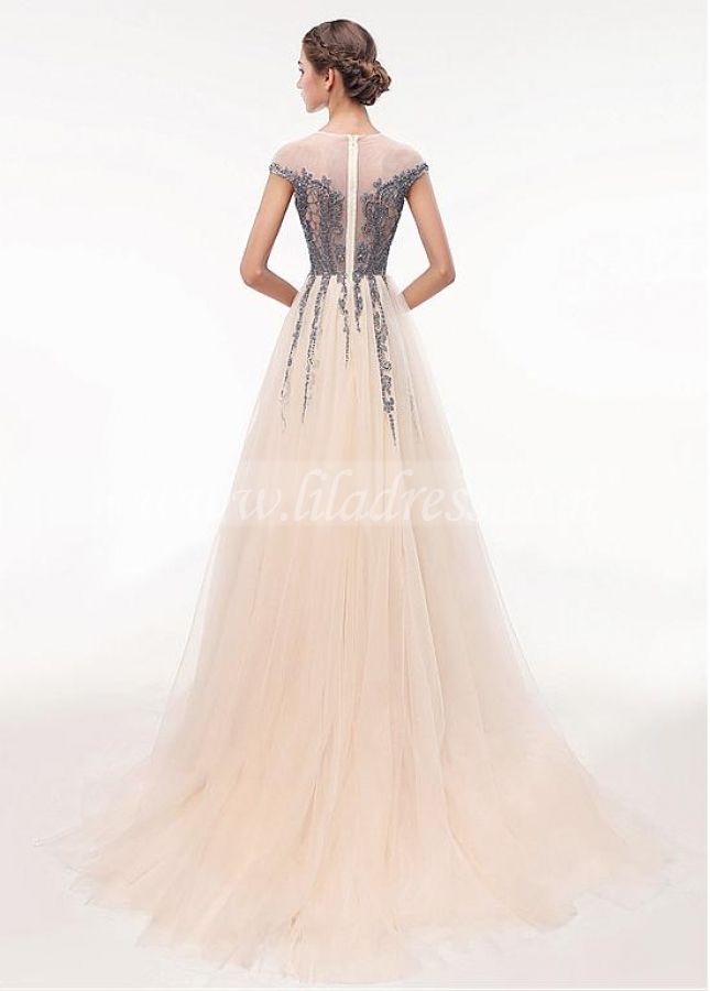 Romantic Tulle Jewel Neckline Floor-length A-line Prom Dress With Beadings