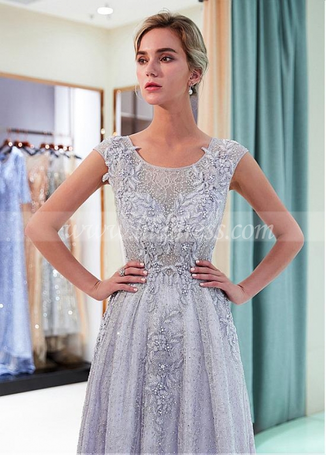 Fabulous Lace Scoop Neckline A-line Formal Dress With Lace Appliques & Beadings