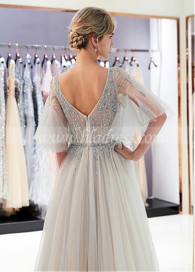Charming Tulle V-neck Neckline See-through Bodice A-line Prom Dress With Beadings