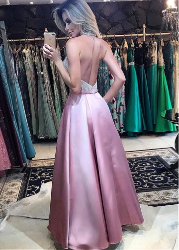 Stunning Satin Halter Neckline Floor-length A-Line Prom Dress With Pockets