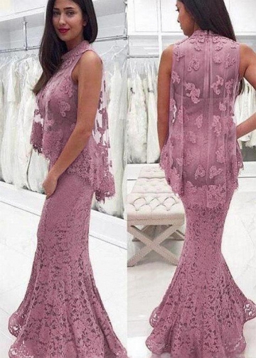 Fashionable Lace High Collar Neckline Mermaid Prom Dress With Lace Appliques