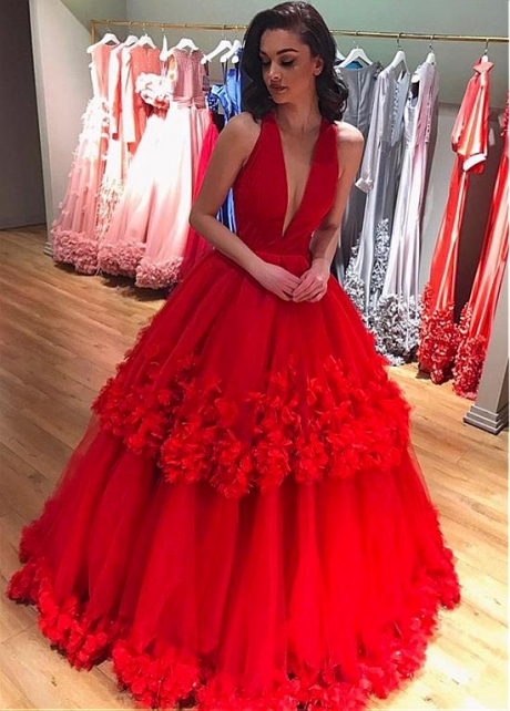 Unique Satin & Tulle Halter Neckline Ball Gown Prom Dress With 3D Flowers