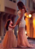 Glamorous Tulle Sweetheart Neckline See-through Sheath/Column Evening/Mother and Daughter Dress With Beadings