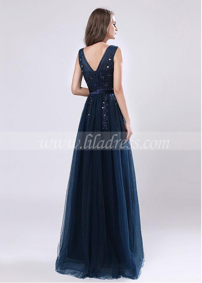 Junoesque Tulle V-neck Neckline A-line Evening Dresses With Bowknot