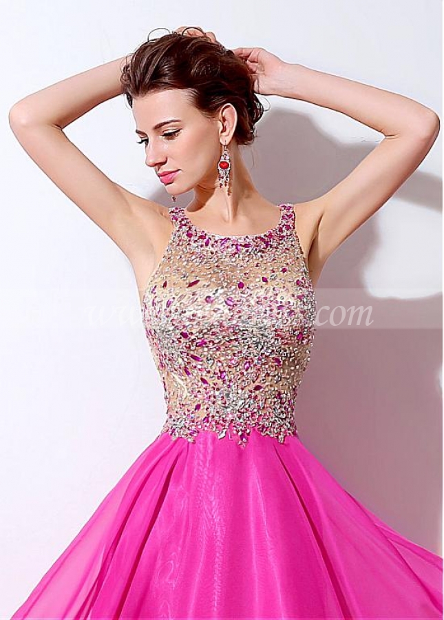 Exquisite Tulle & Chiffon Scoop Neckline See-through A-Line Prom Dresses With Beadings