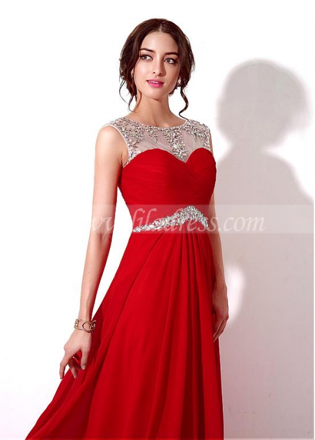 Delicate Chiffon Bateau Neckline A-line Prom Dresses With Beadings