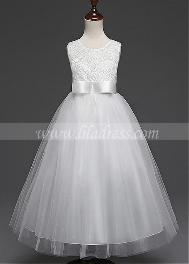 Exquisite Tulle & Lace Jewel Neckline Floor-length Ball Gown Flower Girl Dresses With Bowknot