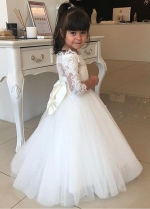 Cute Tulle Jewel Neckline Ball Gown Flower Girl Dresses With Lace Appliques & Bowknot