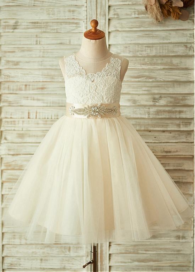 Marvelous Lace & Tulle & Satin Jewel Neckline A-line Flower Girl Dresses With Beadings