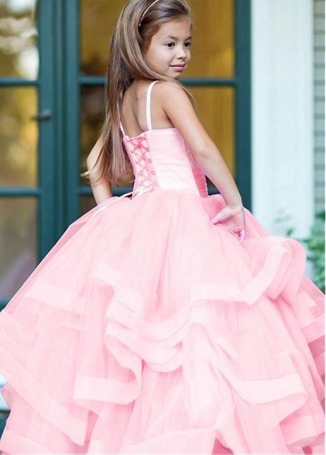 Chic Tulle Spaghetti Straps Neckline Ball Gown Flower Girl Dresses With Beaded Lace Appliques