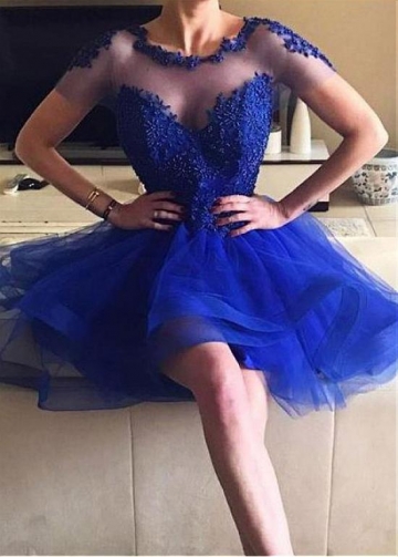Fantastic Tulle Jewel Neckline Short A-line Homecoming Dresses With Beaded Lace Appliques