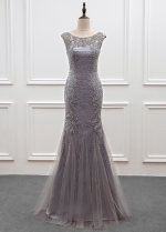 Modest Tulle Scoop Neckline Mermaid Mother Of The Bride Dress With Beadings & Lace Appliques