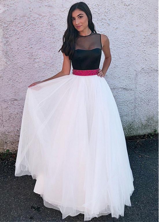 Romantic Tulle Jewel Neckline Floor-length A-line Prom Dress With Beadings & Belt