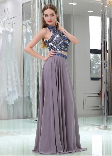 Popular Tulle & Chiffon High Collar Neckline Floor-length Two-piece A-line Prom Dresses With Beadings