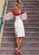 Romantic Satin Off-the-shoulder Neckline Puff Sleeves Sheath / Column Homecoming Dress With Handmade Flowers