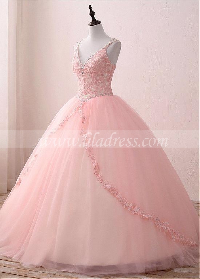 Luxury Tulle & Satin Spaghetti Straps Neckline Floor-length Ball Gown Quinceanera Dresses With Beadings & Lace Appliques
