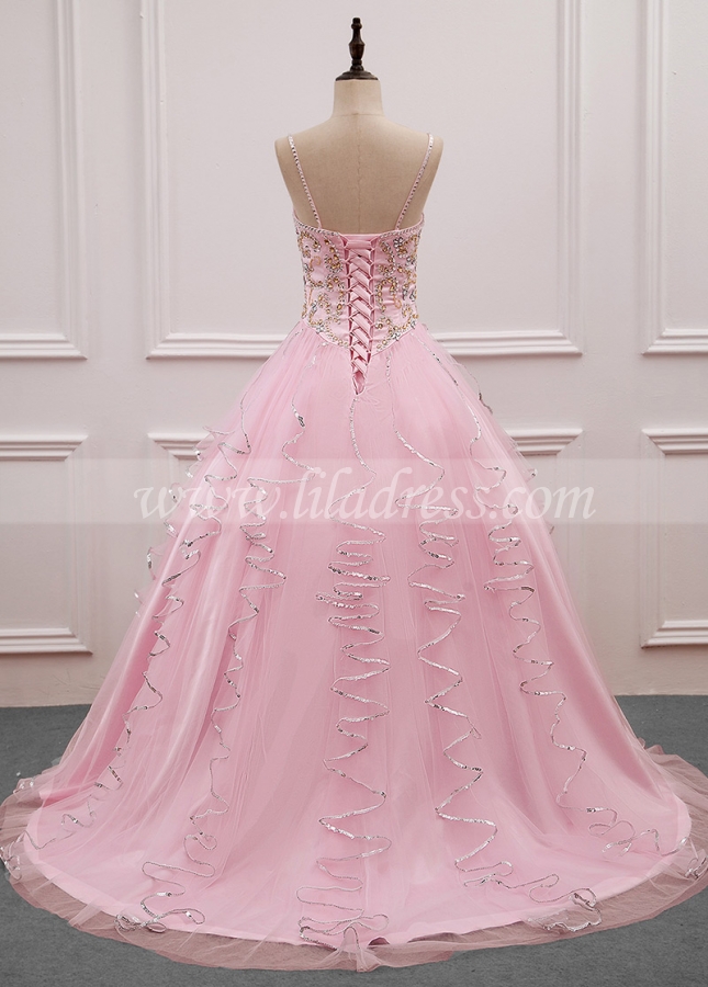 Stunning Tulle Spaghetti Straps Neckline Ball Gown Quinceanera Dress With Embroidery & Beadings