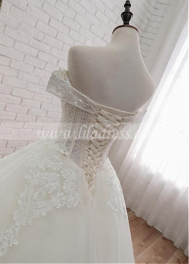 Glamorous Tulle Off-the-shoulder Neckline Ball Gown Wedding Dress With Lace Appliques & Beadings