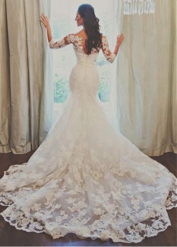 Wonderful Tulle Bateau Neckline Mermaid Wedding Dress With Lace Appliques & Belt