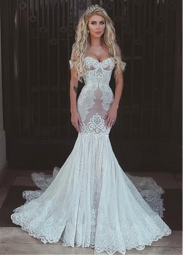 Chic Tulle & Lace Off-the-shoulder Neckline Mermaid Wedding Dress With Lace Appliques