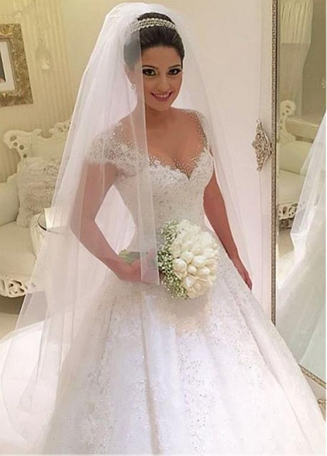 Attractive Tulle Jewel Neckline A-line Wedding Dresses With Beaded Lace Appliques