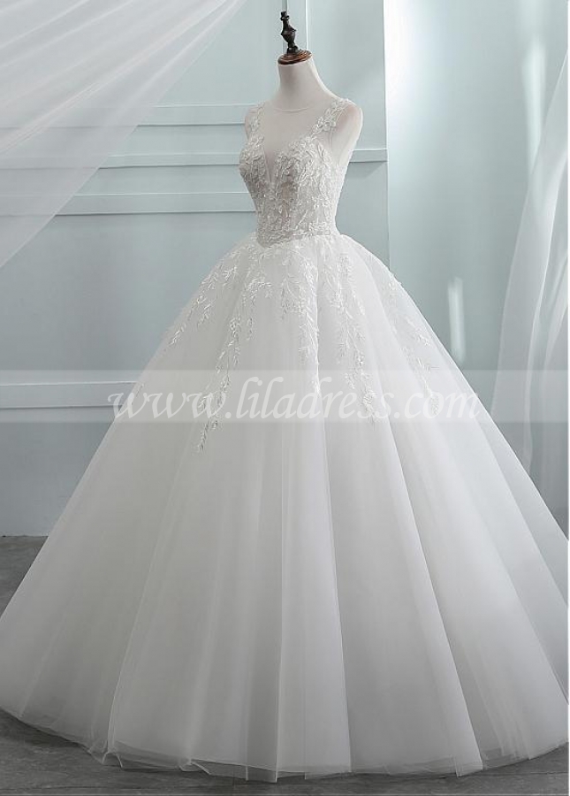 Exquisite Tulle Jewel Neckline See-through Bodice A-line Wedding Dress With Beadings & Lace Appliques