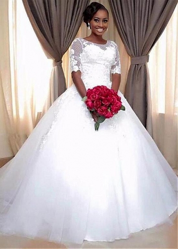 Graceful Polka Dot Tulle & Tulle Jewel Neckline Ball Gown Wedding Dress With Lace Appliques & Beadings