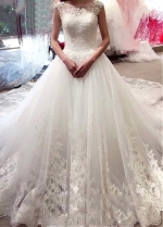 Eye-catching Tulle Bateau Neckline A-line Wedding Dress With Beadings & Lace Appliques