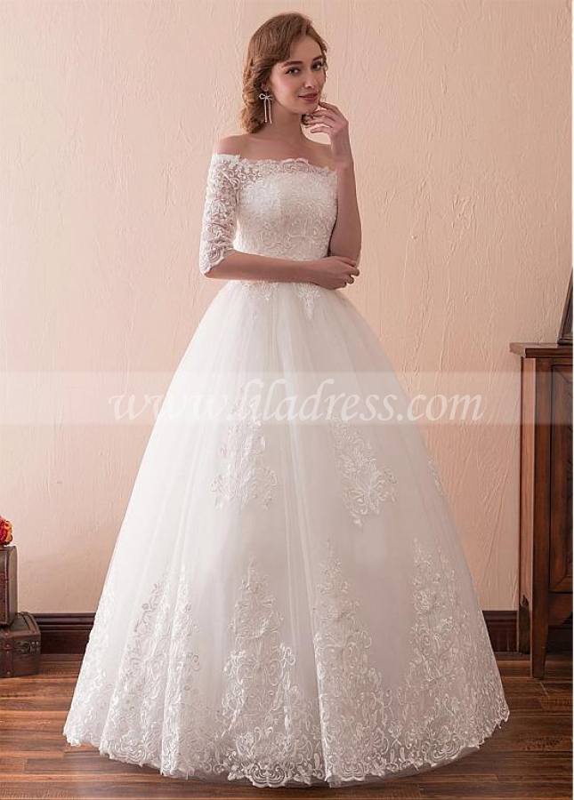 Wonderful Tulle Off-the-shoulder Neckline 3/4 Length Sleeves A-line Wedding Dress With Lace Appliques