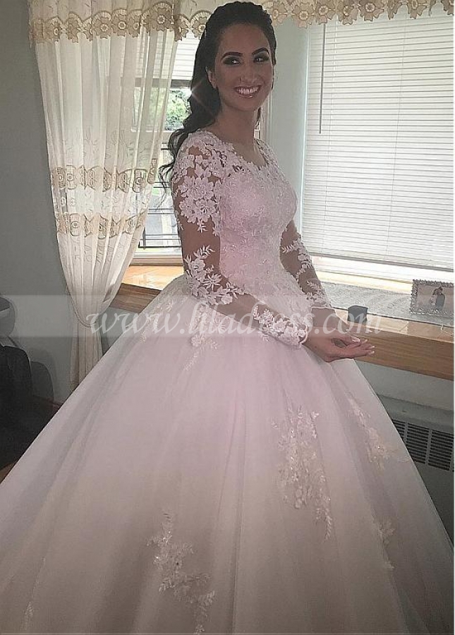 Stunning Tulle Jewel Neckline Ball Gown Wedding Dresses With Beaded Lace Appliques