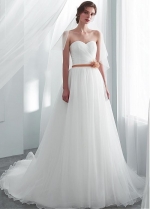 Modest Tulle Sweetheart Neckline A-line Wedding Dresses With Lace Appliques & Belt