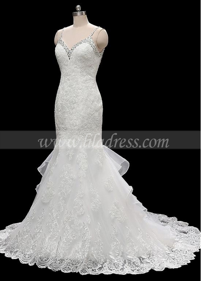 Gorgeous Tulle & Organza Spaghetti Straps Neckline Mermaid Wedding Dresses With Beadings & Lace Appliques