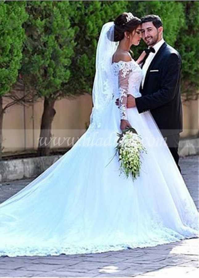 Attractive Tulle Off-the-shoulder Neckline A-line Wedding Dress With Lace Appliques & Beadings