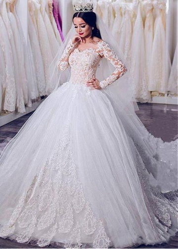 Junoesque Tulle Sheer Jewel Neckline Ball Gown Wedding Dress With Beadings & Lace Appliques