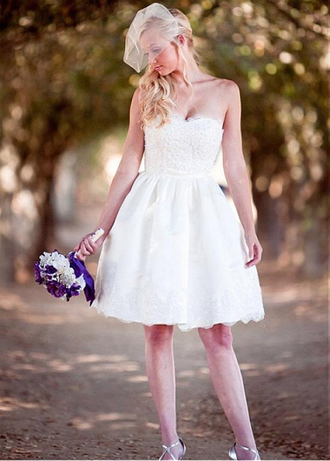 Pretty Satin Sweetheart Neckline Short A-line Wedding Dress With Lace Appliques & Beadings