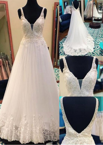 Fabulous Tulle V-neck Neckline A-line Wedding Dress With Lace Appliques & Beadings