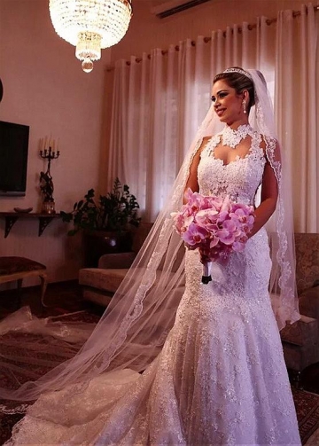 Alluring Tulle & Lace High Collar Mermaid Wedding Dress With Lace Appliques & Beadings