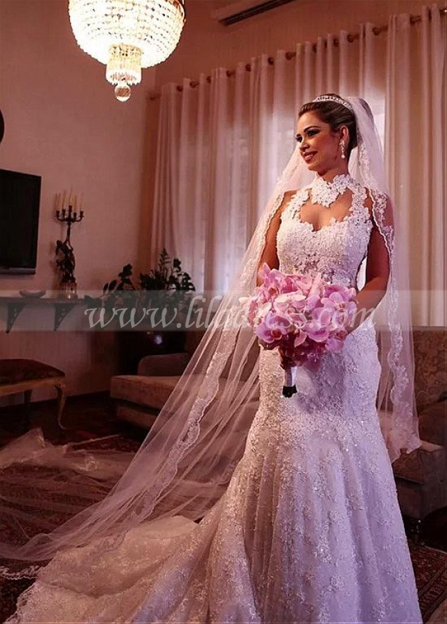 Alluring Tulle & Lace High Collar Mermaid Wedding Dress With Lace Appliques & Beadings