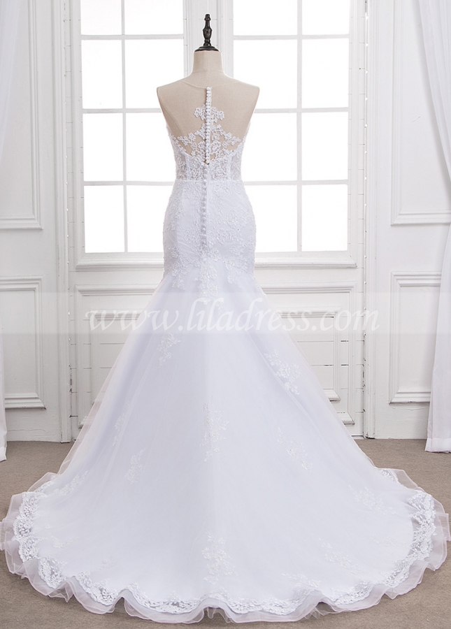 Attractive Tulle Sheer Jewel Neckline See-through Mermaid Wedding Dress With Beaded Lace Appliques