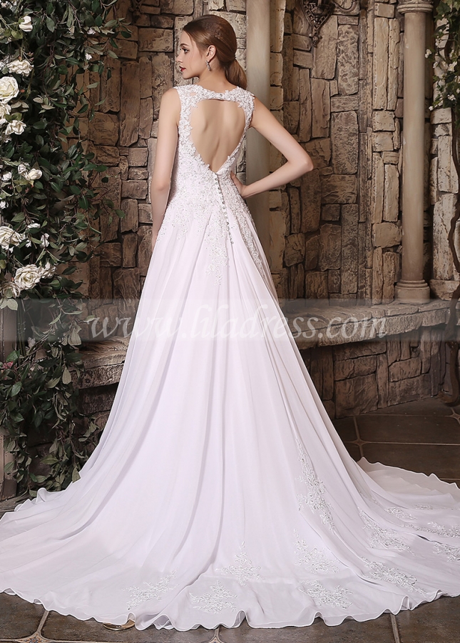Elegant Chiffon Jewel Neckline A-line Wedding Dresses With Beaded Lace Appliques