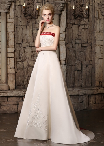 Elegant Satin Strapless Neckline A-line Wedding Dresses with Beaded Embroidery