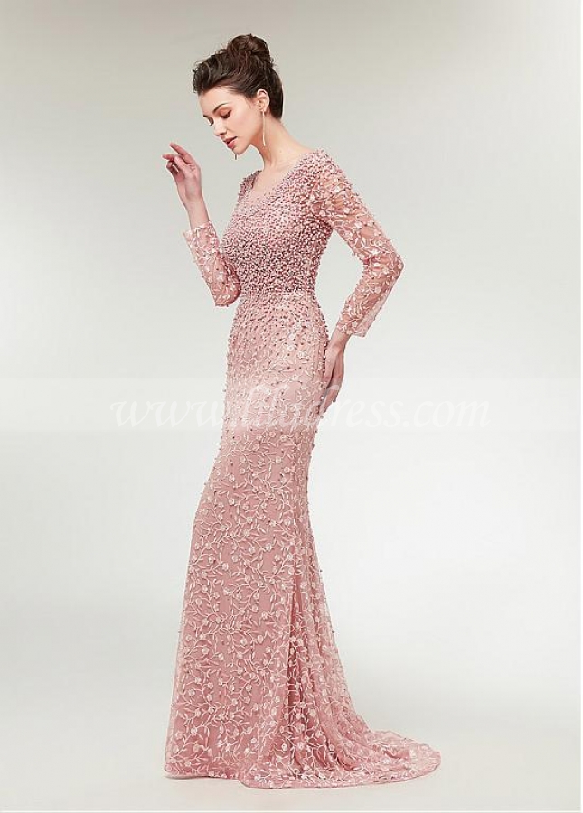 Stunning Lace Scoop Neckline Long Sleeves Mermaid Evening Dress With Beadings
