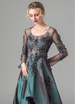 Excellent Tulle & Taffeta Scoop Neckline A-line Evening Dresses With Lace Appliques & Handmade Flowers