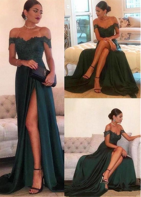 Eye-catching Silk Like Satin Off-the-shoulder Neckline Floor-length A-line Evening Dresses With Lace Appliques