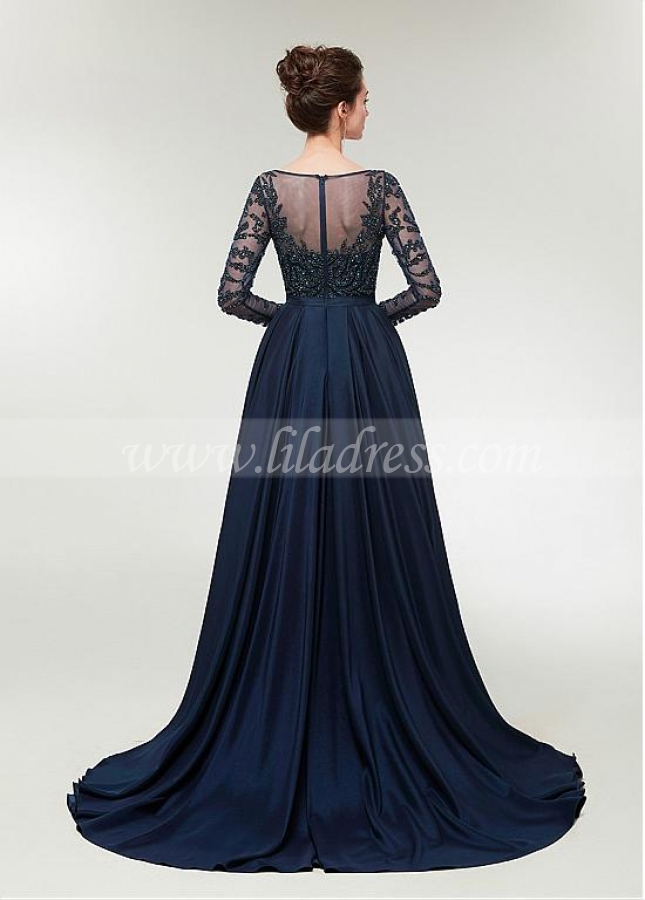 Eye-catching Taffeta Scoop Neckline Long Sleeves A-line Evening Dress With Beadings