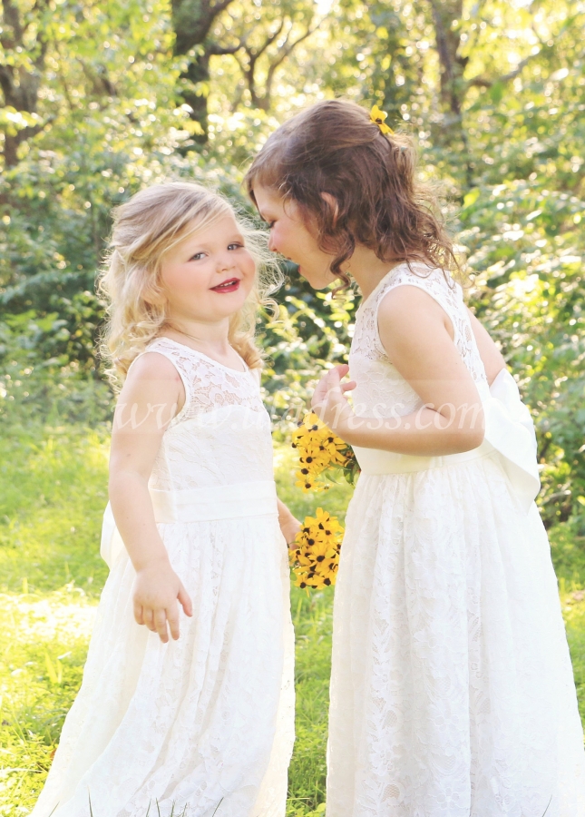 Jewel Neck Lace Ivory Flower Girl Dress with Bow Sash