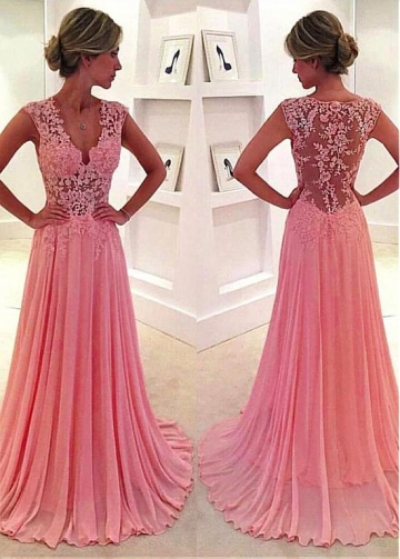 Elegant Tulle & Chiffon V-neck Neckline See-through A-Line Evening Dresses With Lace Appliques